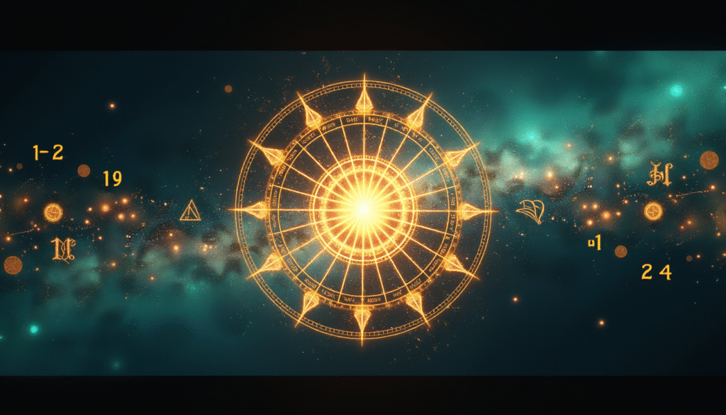 Fusion of zodiac wheel and numerology numbers glowing in cosmic design, representing astrology and numerology together.